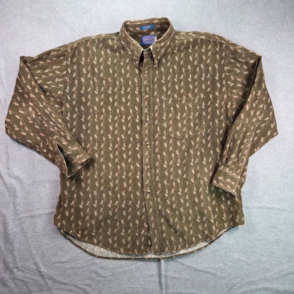 Pendleton Corduroy Button Down Men XL Green Brown Oak Leaf Print Long Sleeve